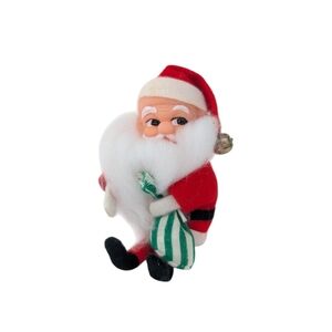 Vintage Sitting Santa Claus Sitting Ornament Decor with Green Striped Bag